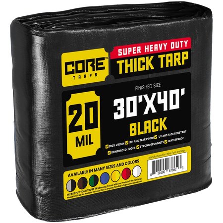 CORE TARPS 30 ft x 40 ft Heavy Duty 20 Mil Tarp, Black, Polyethylene CT-706-30x40